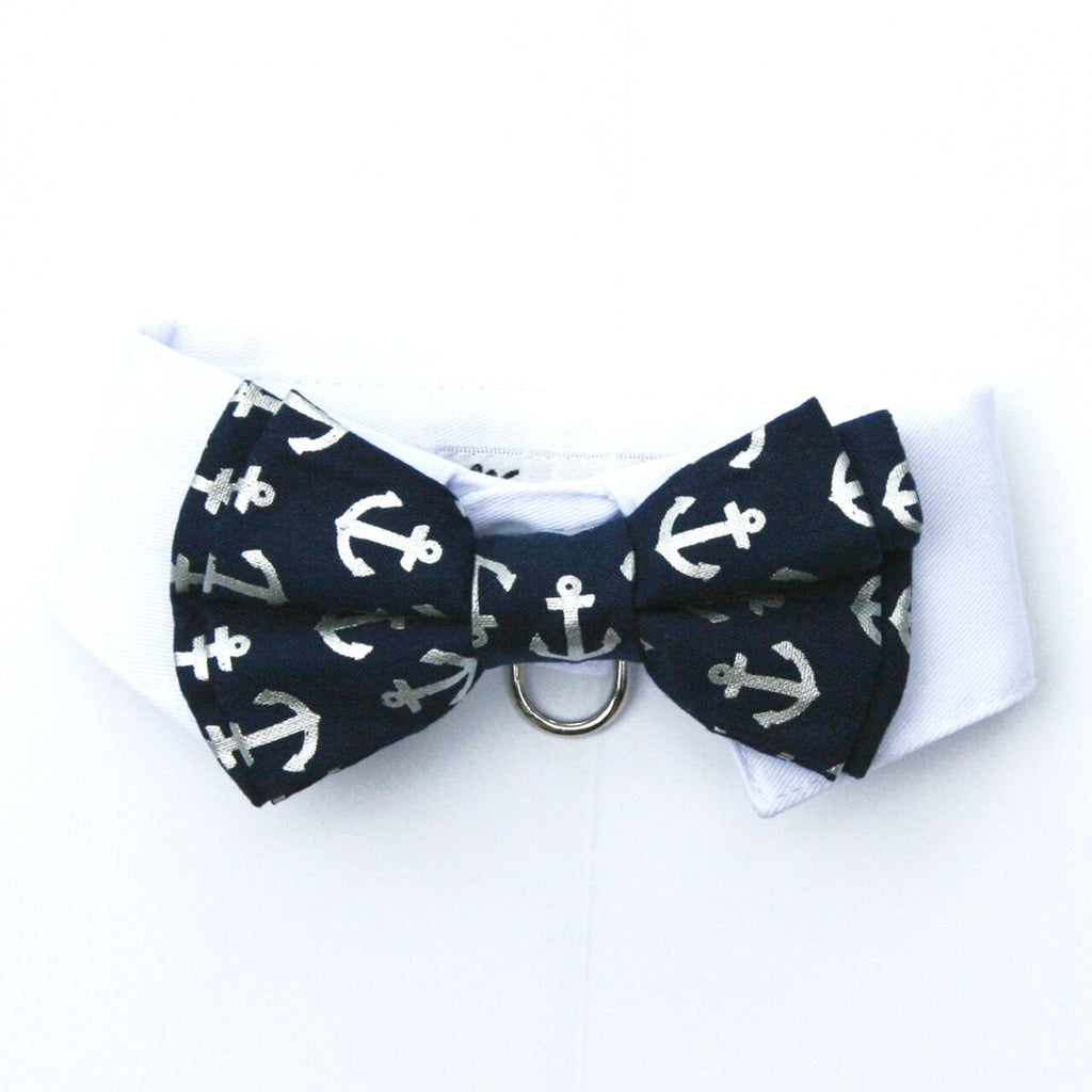 Dog In The Closet White Shirt Collar With Navy Anchor Bow Tie Dog Collar