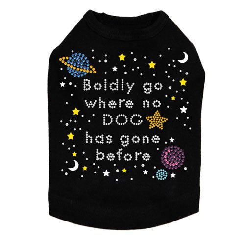Boldly Go Where No Dog Has Gone Before Rhinestone Dog Tank Shirt Black