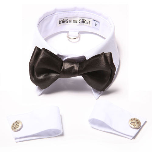 Dog In The Closet Tuxedo White Shirt Collar with Black Bow Tie and Cuffs