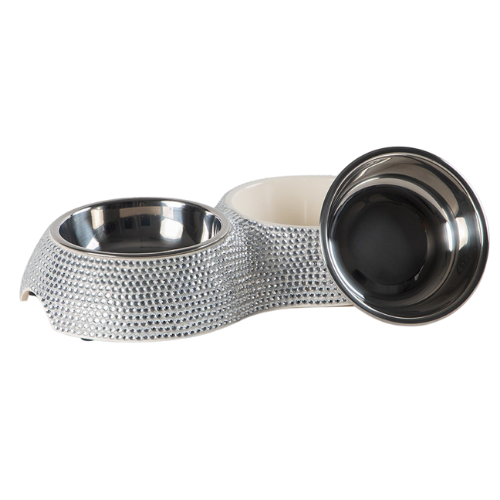 Hello Doggie Crystal Double Dog Bowl Diner — Silver