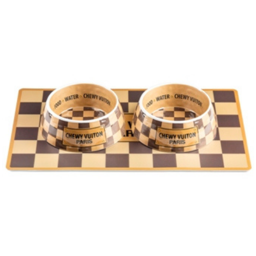 Haute Diggity Dog Checkered Chewy Vuiton Dog Bowls Placemat Dining Set