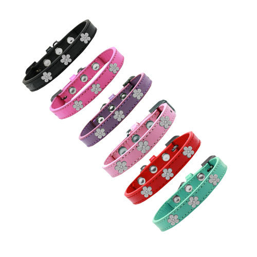 Mirage Pet Products Silver Flowers Widget Leather Designer Dog Collar All Colors