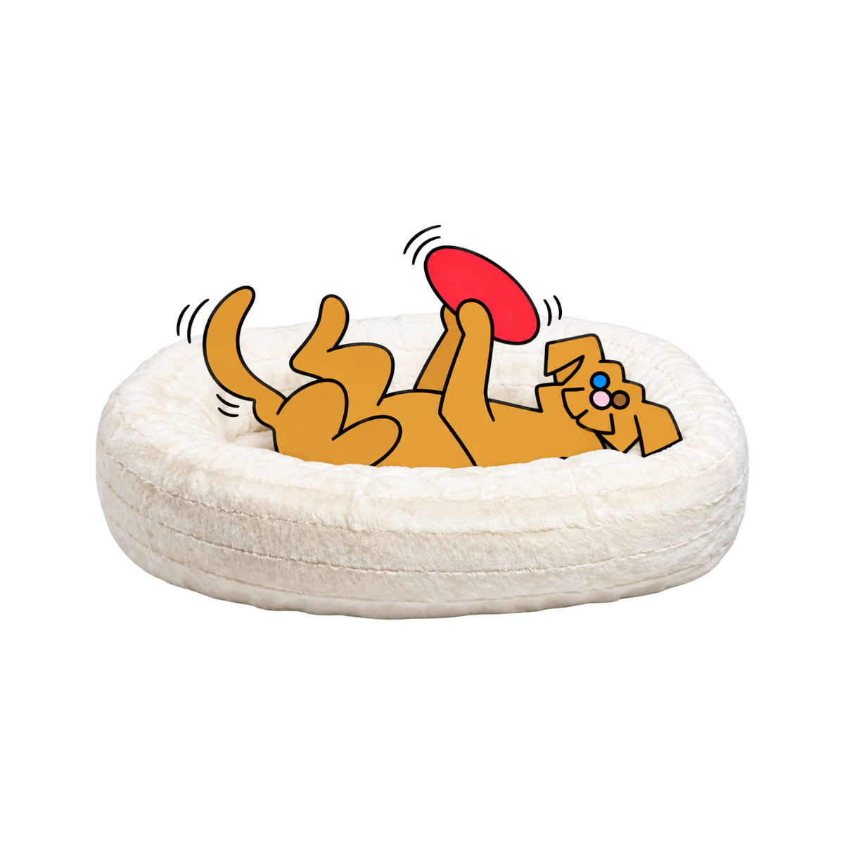 Bowsers Donut dog bed in cream with the illustrated Fetch dog lying belly-up and holding a red frisbee above him.