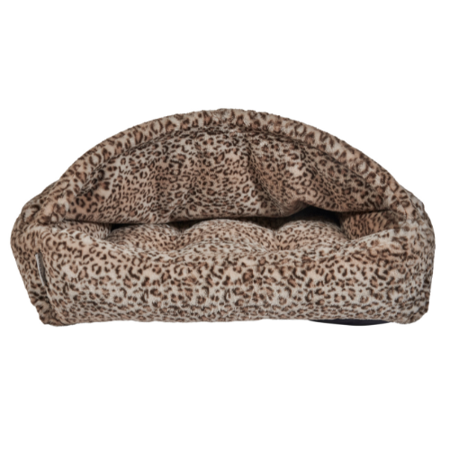 Canopy Cozy Burrow Dog Bed with covered top and plush bolsters in leopard faux fur fabric
