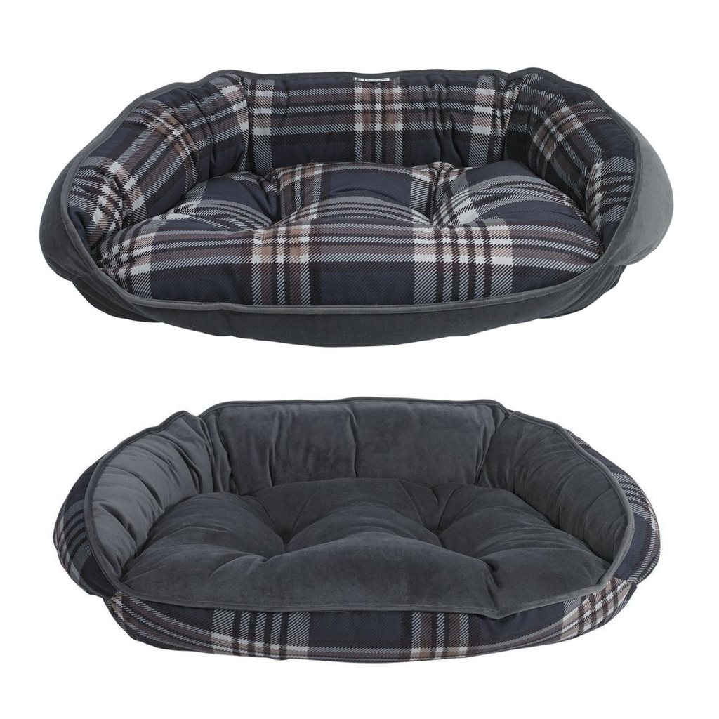 Bowsers Crescent Dog Bed in Greystone Tartan – easy entry bolster bed for small to large dogs M-XXL