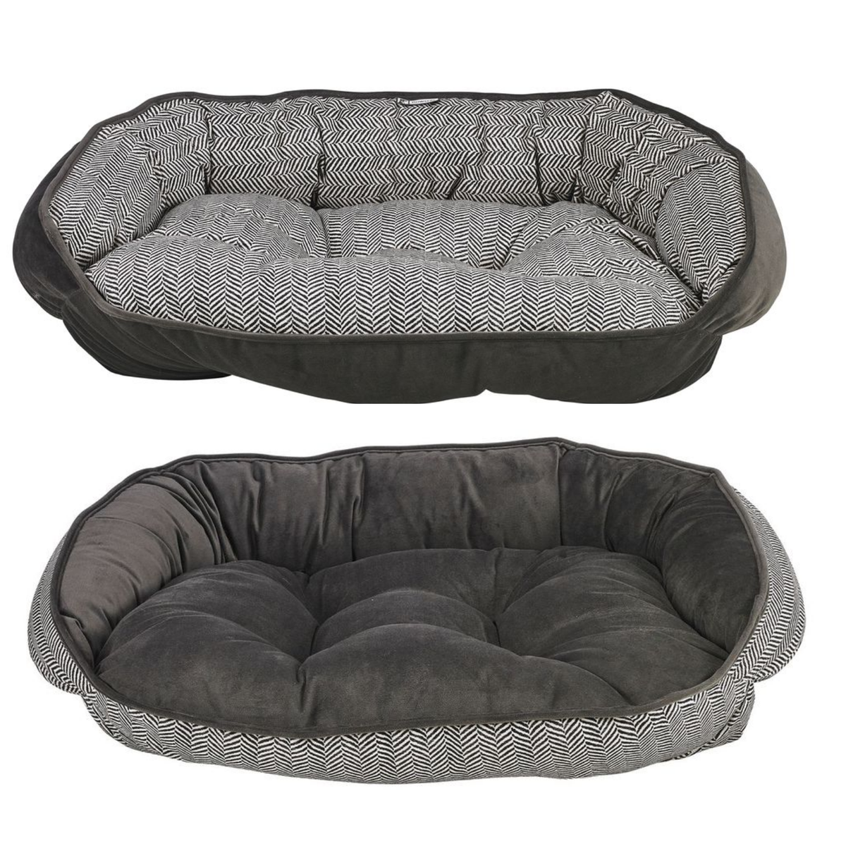Bowsers Crescent Dog Bed in Herringbone – easy entry bolster bed for small to large dogs M-XXL