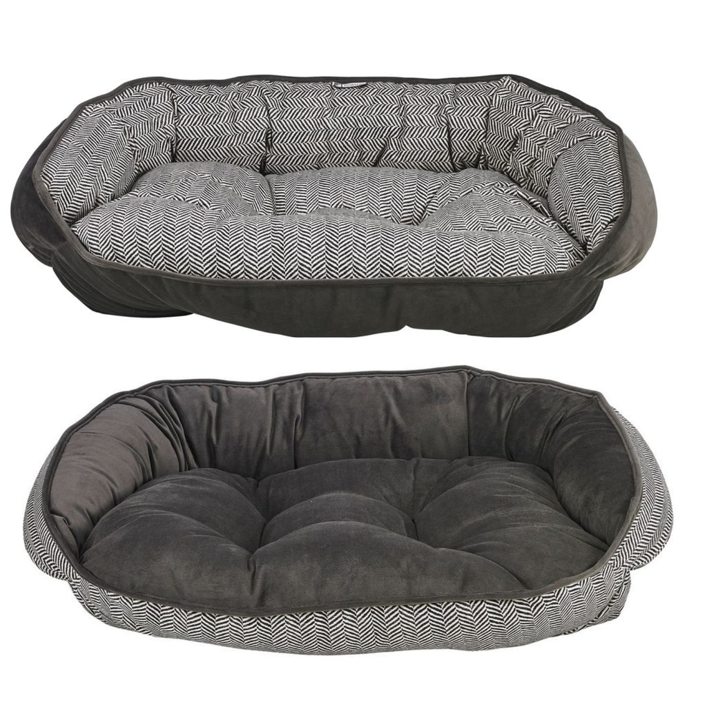 Bowsers Crescent Dog Bed in Herringbone – easy entry bolster bed for small to large dogs M-XXL