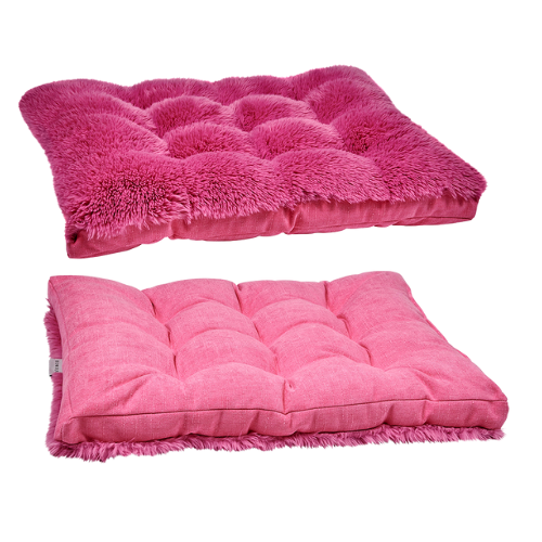 Dream Futon reversible dog bed in Cherry Blossom faux fur and Flamingo microvelvet shown with both side shown