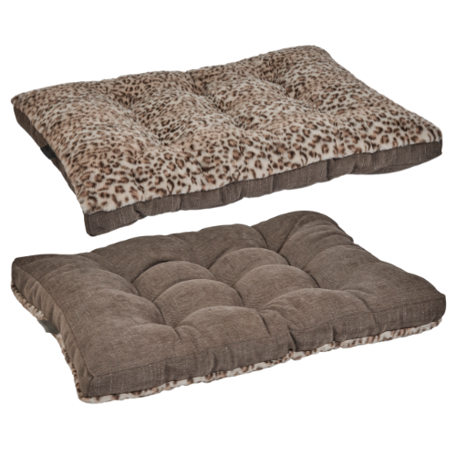 Dream Futon reversible dog bed in Leopatf faux fur and Mousse microvelvet with both side shown