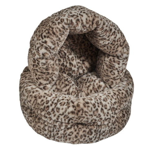 Leopard  Muffy Fluffy Faux Fur Cozy Nesting Burrow Dog Bed Both Sizes Stacked