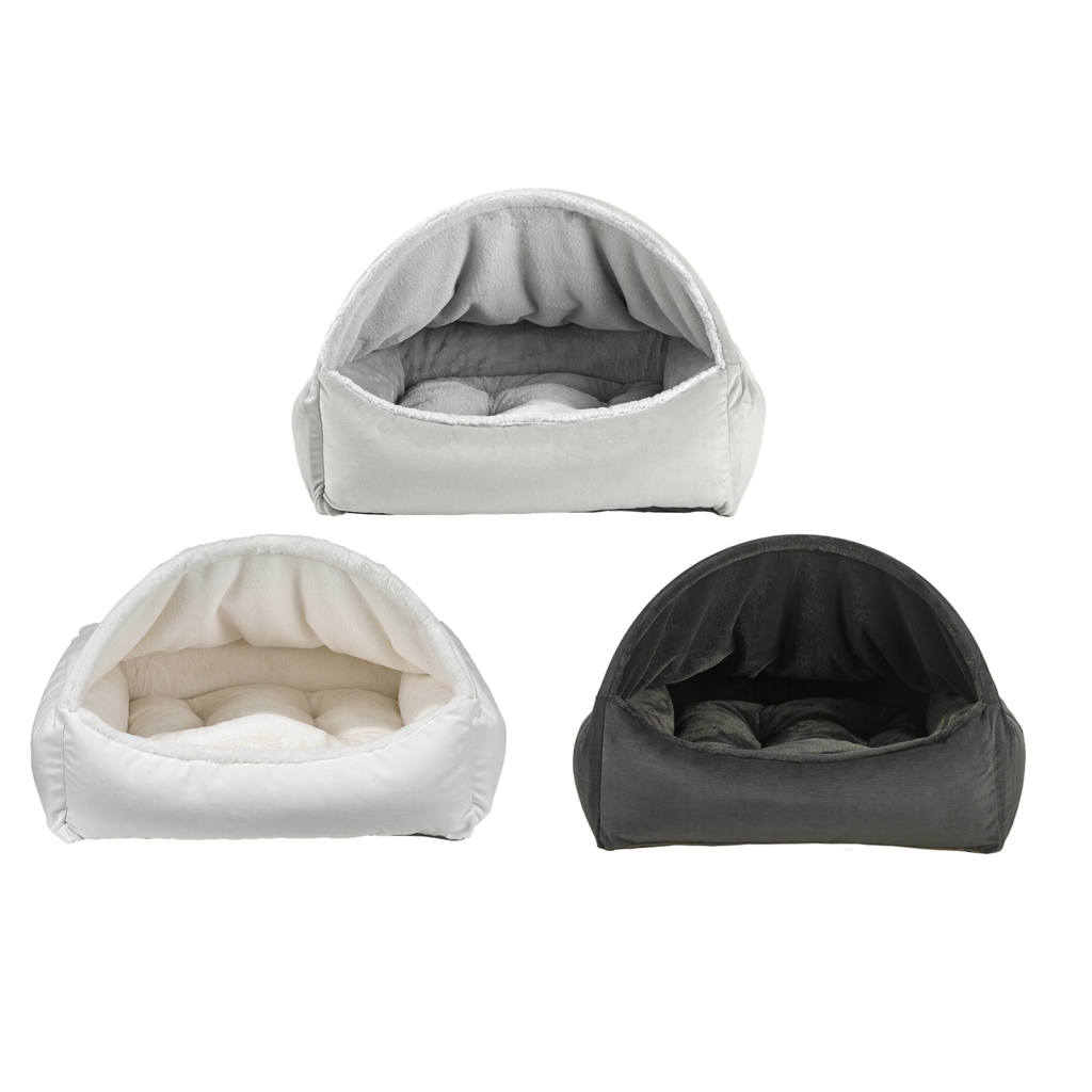 Bowsers Canopy burrow dog bed in Cloud, Winter White and Galaxy faux fur