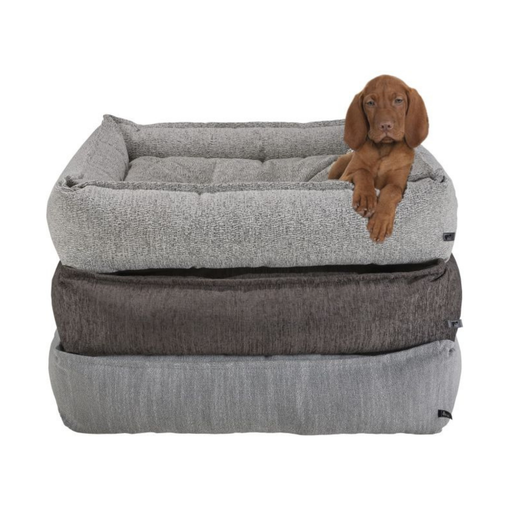 Bowsers Sterling Lounge bolstered dog beds in three designer fabrics with a puppy resting on the top bed
