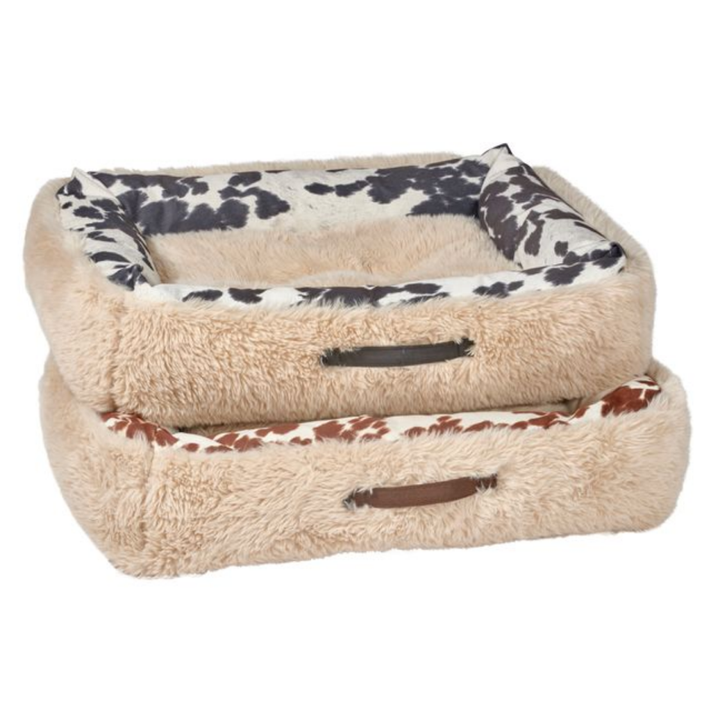 Bowsers The Dude faux fur bolstered dog beds with Wrangler and Durango cow-print Microvelvet fabric accent