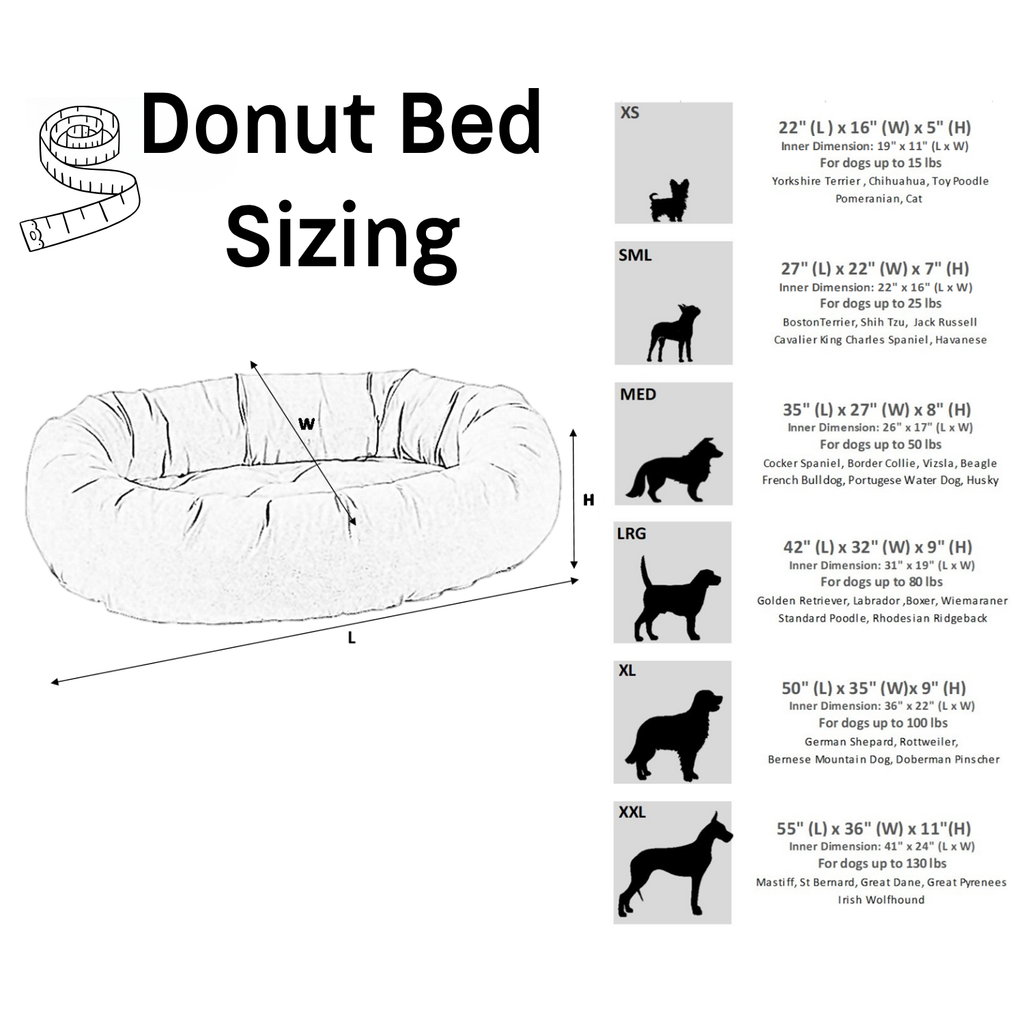 Bowsers Donut Dog Bed size and dimensions chart