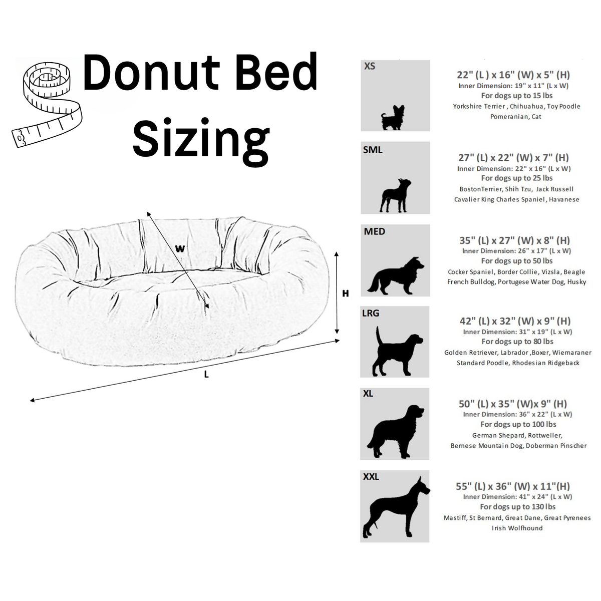 Bowsers Donut Dog Bed size and dimensions chart