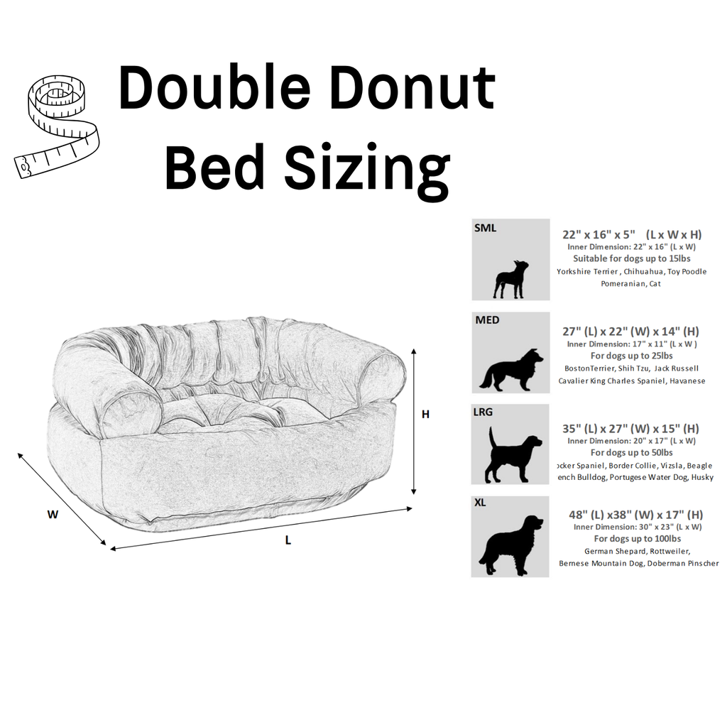 Bowsers Double Donut dog bed size chart with dimensions and recommended dog weights