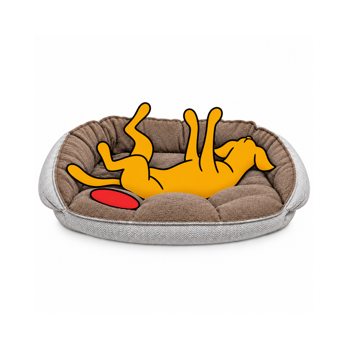 Bowsers Crescent dog bed in gray and brown with the illustrated Fetch dog lying on his back, paws in the air.
