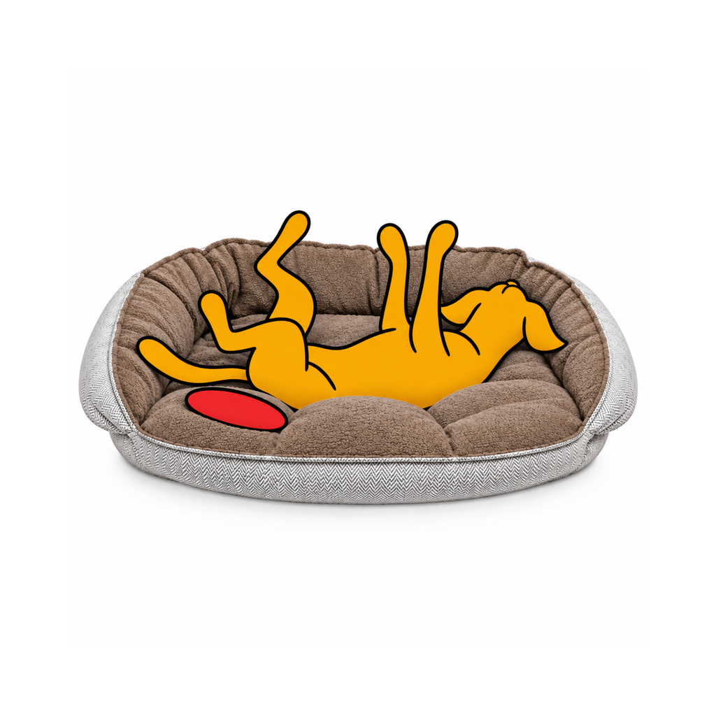 Bowsers Crescent dog bed in gray and brown with the illustrated Fetch dog lying on his back, paws in the air.