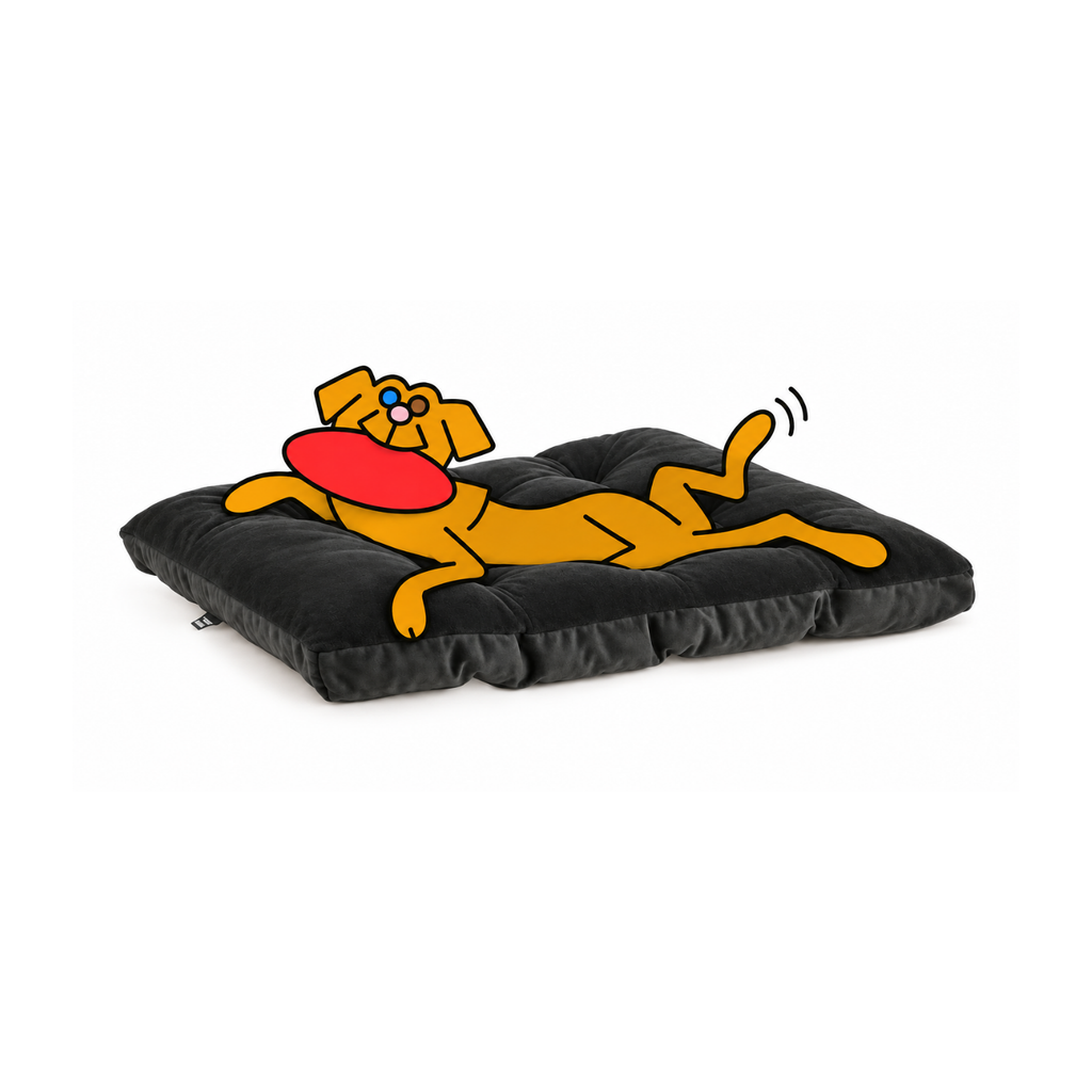 Bowsers Dream Futon dog bed in black with the illustrated Fetch dog sprawled across the cushion with a red frisbee.