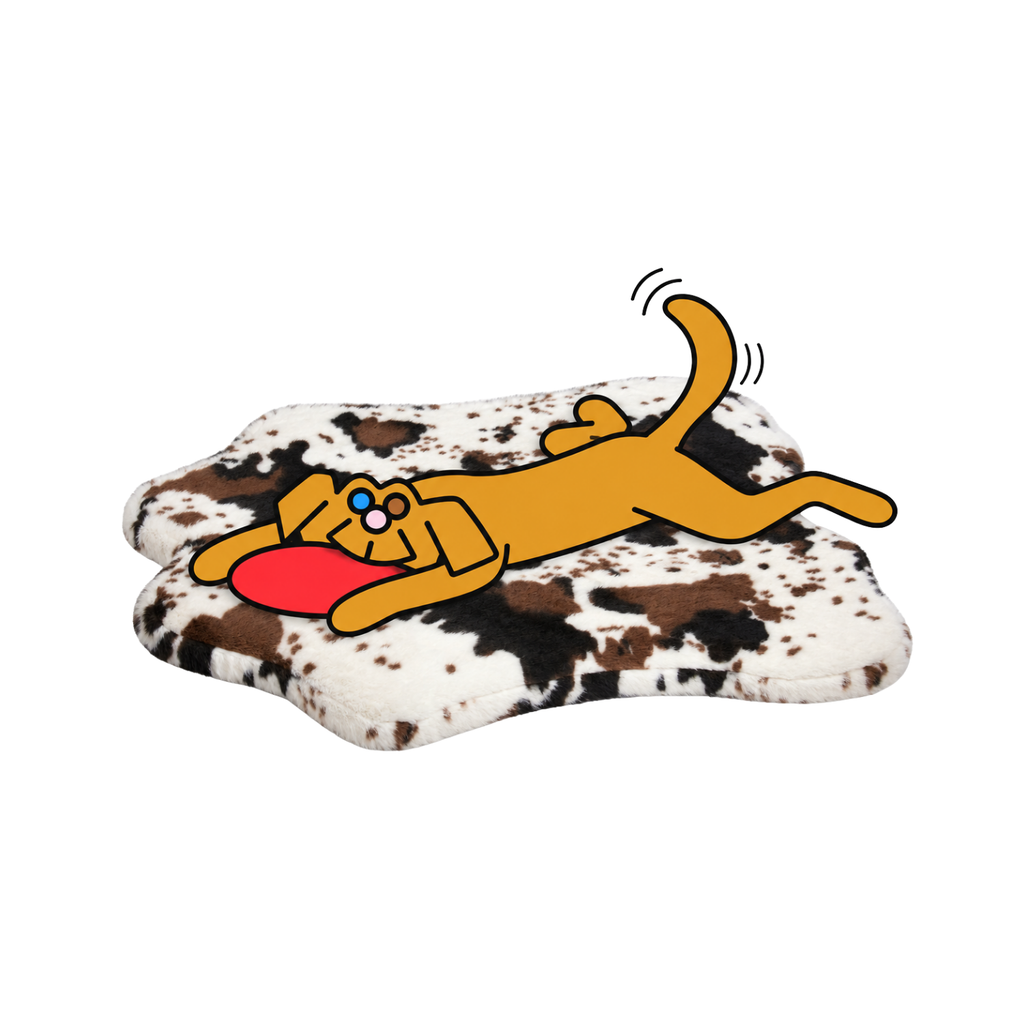 Bowsers Maverick Rugbed in cowhide print with the illustrated Fetch dog sprawled belly-down beside a red frisbee.