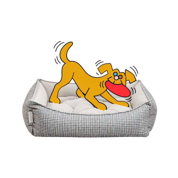 Bowsers Oslo Ortho dog bed in neutral plaid with the illustrated Fetch dog stretching over a red frisbee.