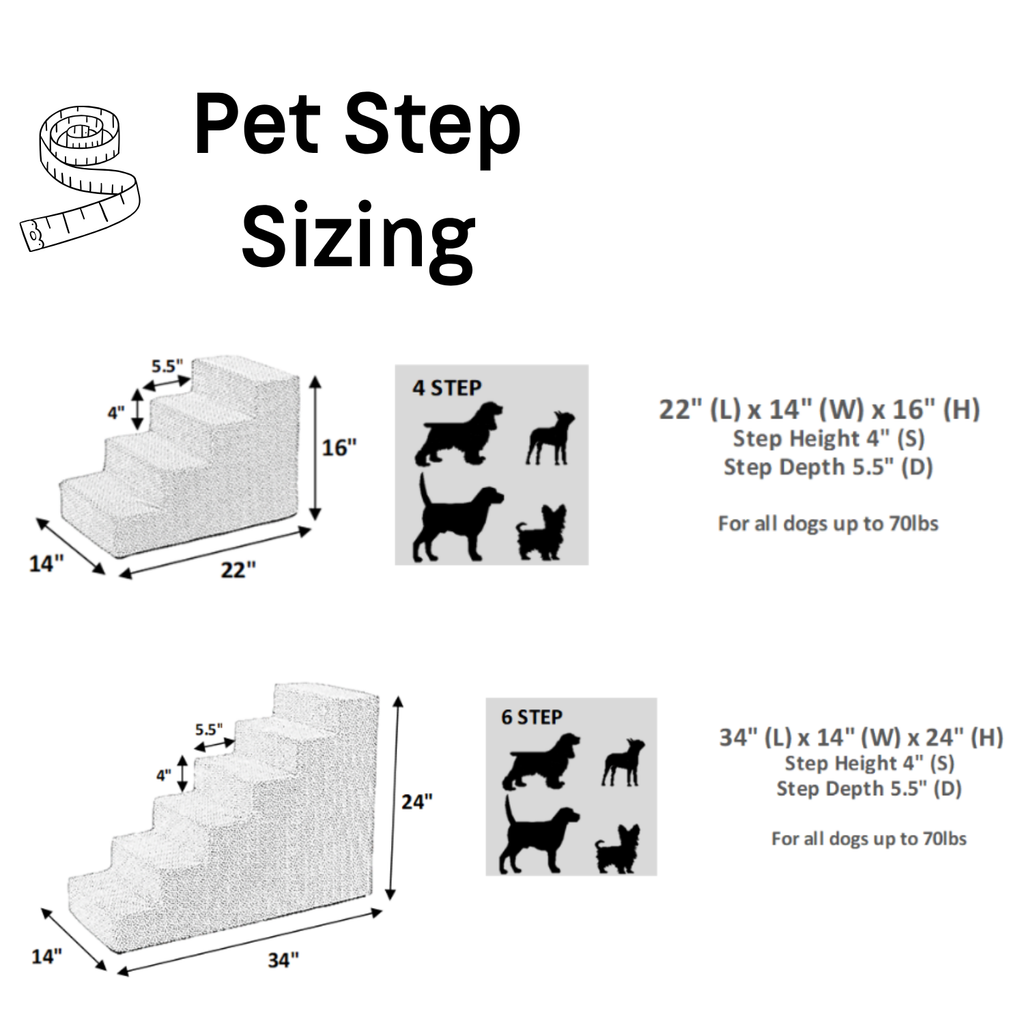 Bowsers Pet Steps size chart showing 4-step and 6-step foam dog stairs with dimensions