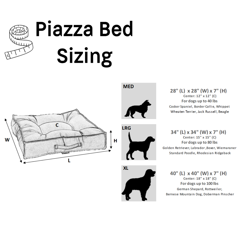 Bowsers Piazza dog bed size chart with dimensions and recommended dog weights