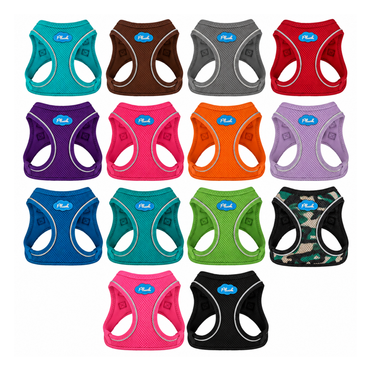 Plush USA Air Mesh Step-In Dog Harness collection featuring 14 available colors