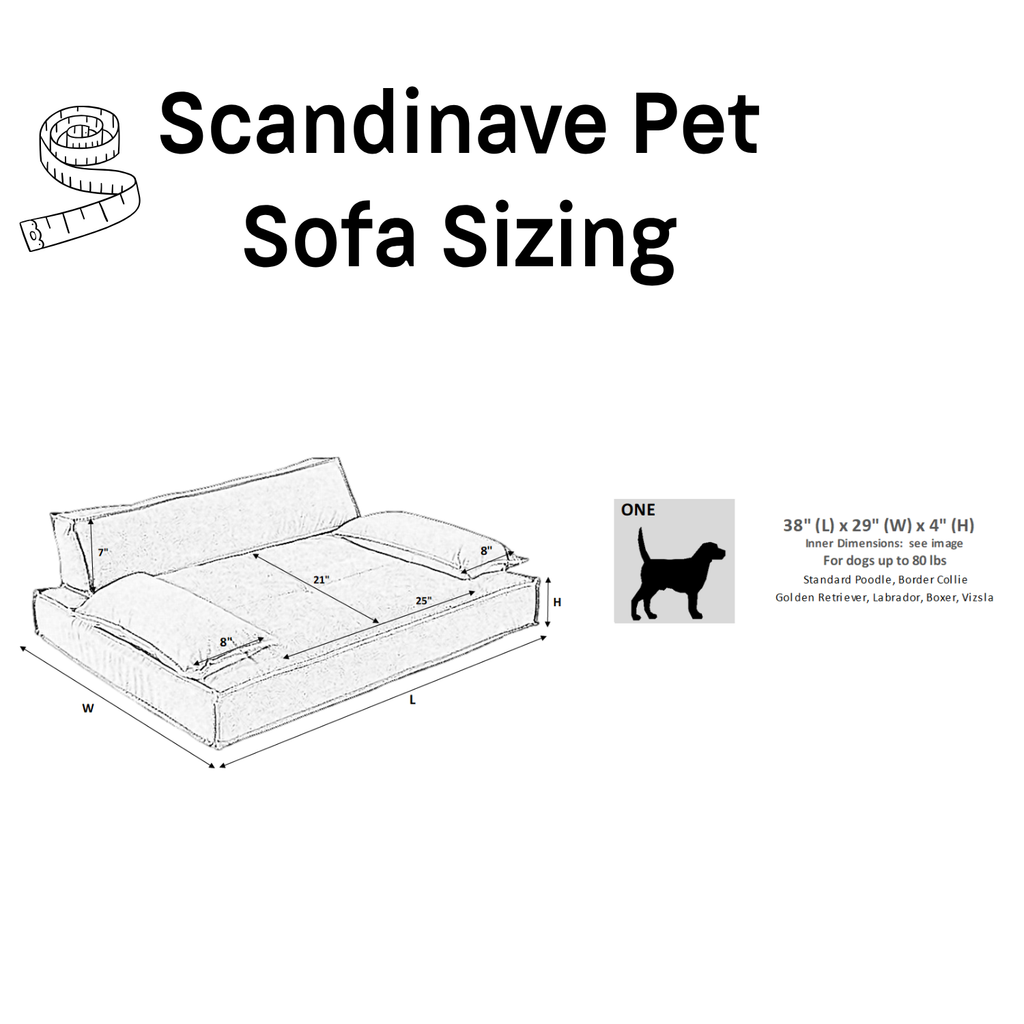 Bowsers Scandinave Pet Sofa Dog Bed size chart with dimensions