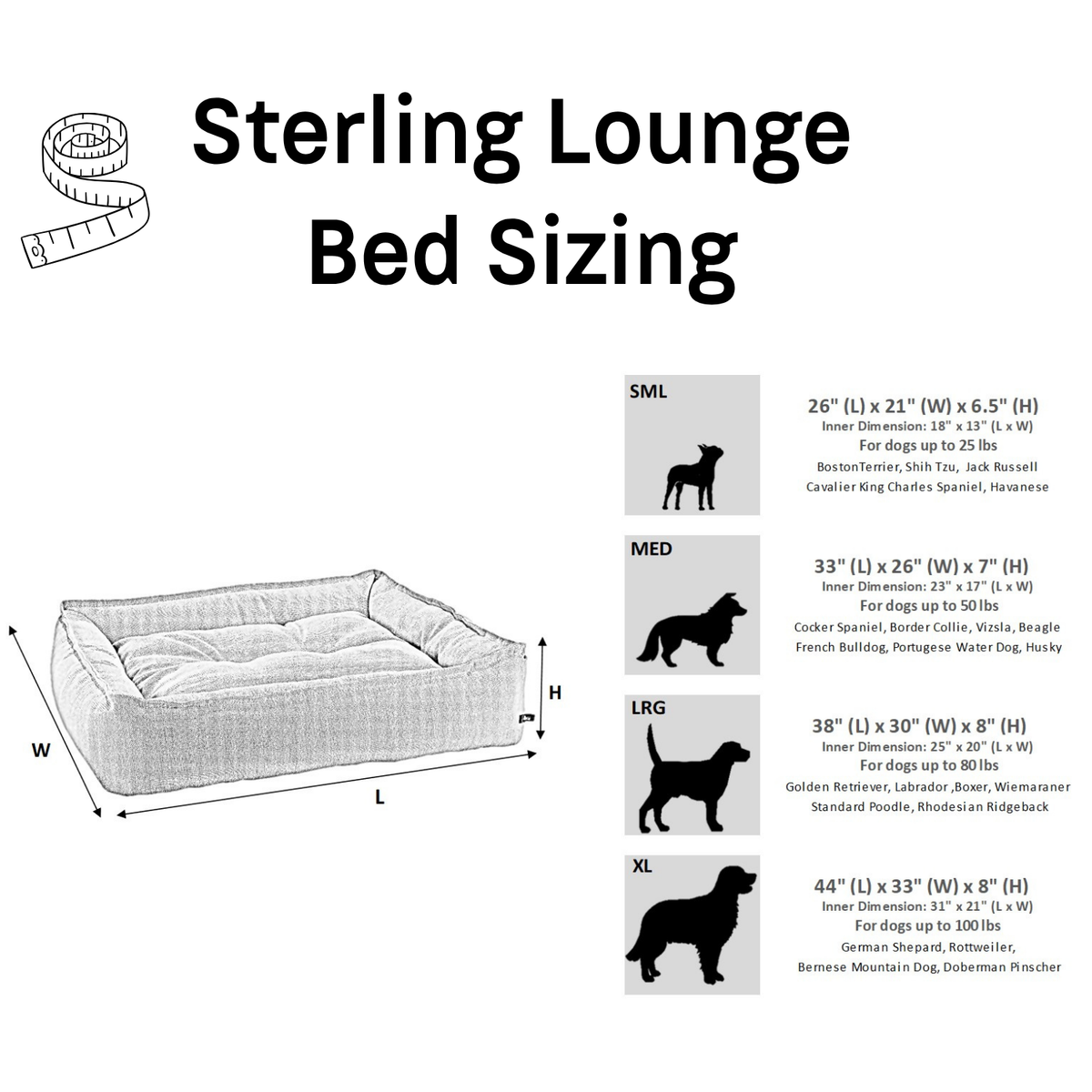 Bowsers Sterling Lounge dog bed size chart with outer and inner dimensions and recommended dog weights