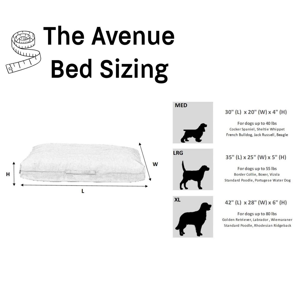 Bowsers The Avenue Dog Bed size chart with dimensions