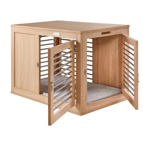Bowsers Pet Products Moderno White Oak Contemporary Two Door Dog Crate — Both Doors Open