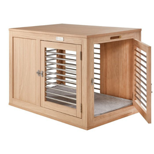 Bowsers Pet Products Moderno White Oak Contemporary Two Door Dog Crate — Long Side View One Door Open
