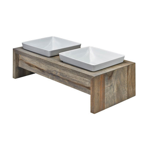 Artisan Rubberwood Double Elevated Dog Bowl Feeder — Fossil