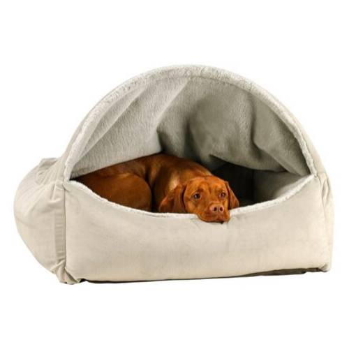 Bowsers Pet Canopy Dog Bed — Cloud Dream Fur + MicroVelvet Granite with Dog