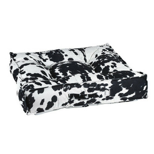 Bowsers MicroVelvet Tufted Square Piazza Dog Bed — Wrangler Black Cow Print