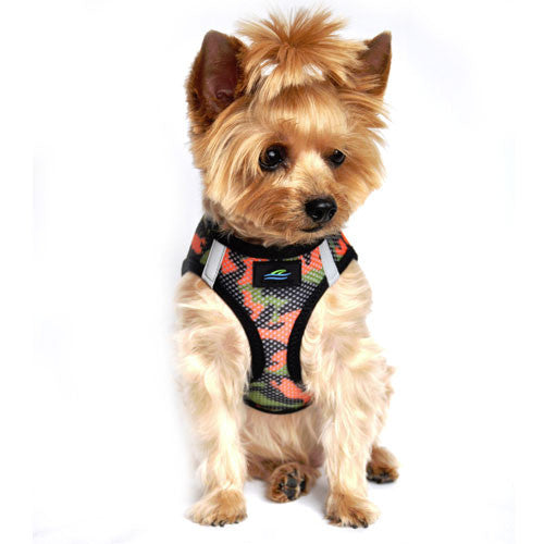 Doggie Design Camo American River Choke Free Dog Harness — Orange Camo on Dog