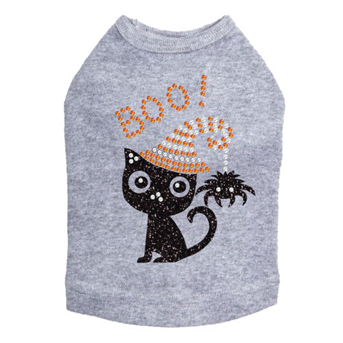 Dog In The Closet Boo! Black Cat with Spider Halloween Dog Tank Shirt Gray