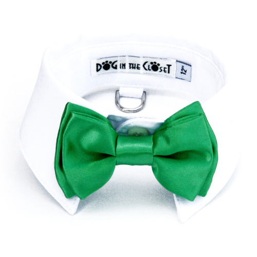Dog In The Closet White Shirt Collar With Kelly Green Bow Tie Dog Collar