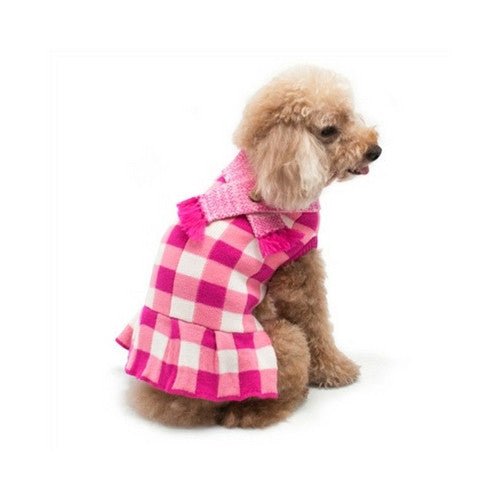 Dogo Pet Fashions Pink Gingham Dog Sweater Dress on Dog