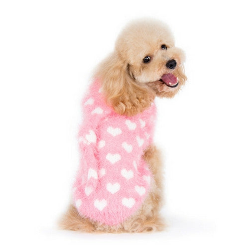 Dogo Pet Fashions PUPPYPAWer Fuzzy Pink Heart Hoodie Dog Sweater on Dog Back View