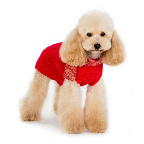 Dogo Pet Fashions Urban Cable Scarf Dog Sweater Red on Dog Front View