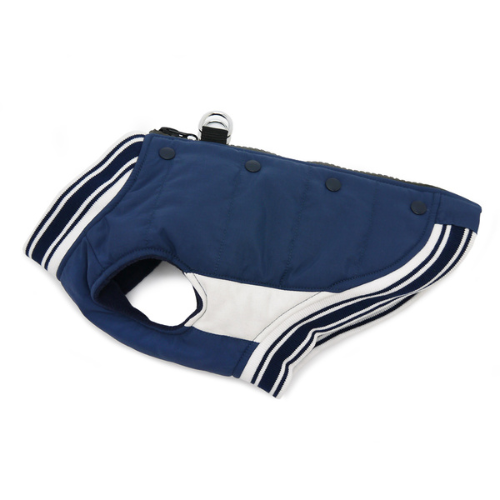 Dogo Pet Fashions Blue Insulated Varsity Runner Winter Dog Coat Side View