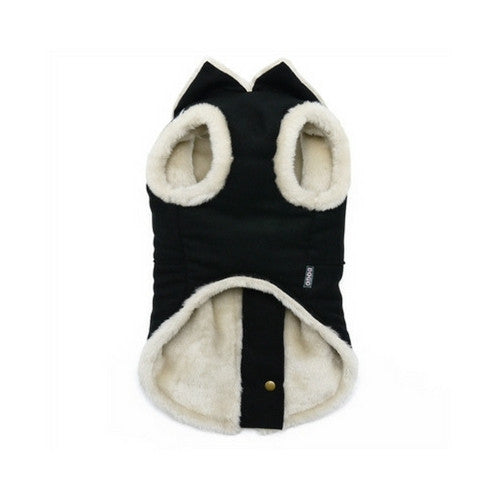 Dogo Pet Fashions Furry Black Vintage Athletic Runner Winter Dog Coat Front View