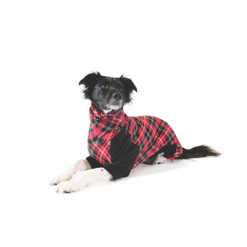 Gold Paw Series Stretch Fleece Onesie Dog Clothing — Tartan Plaid Black