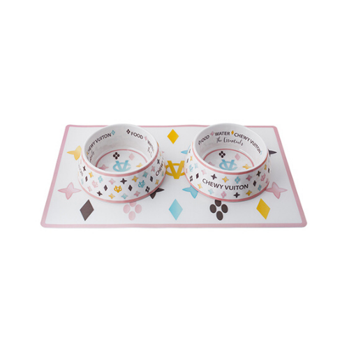 Haute Diggity Dog Chewy Vuiton Dog Bowls and Placemat Dining Set Side View