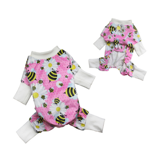 Klippo Pet Minky Stretch Four-Legged Dog Pajamas — Bumblebee + Flowers Front and Back Views
