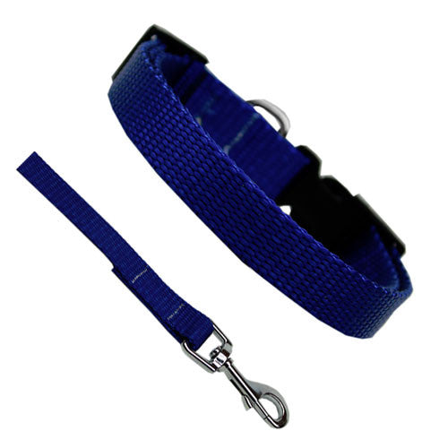Basic Style Woven Nylon Solid Collar and Lead Set Blue