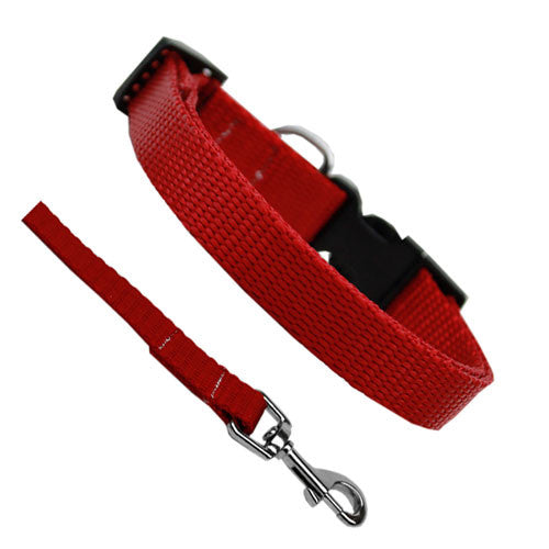 Basic Style Woven Nylon Solid Collar and Lead Set Red