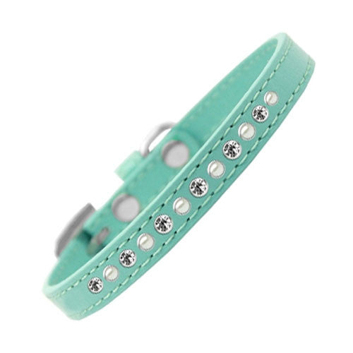 Mirage Faux Leather Pearl and Clear Crystal Puppy Collar Aqua